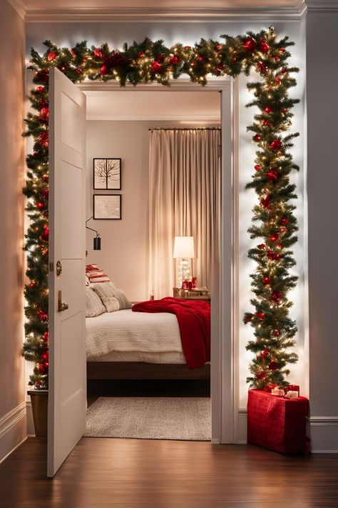 Bedroom door framed with red Christmas lights for a festive, welcoming vibe. Bedroom Door Christmas Decor, Bedroom Lights Ideas, Christmas Lights Bedroom, Cozy Christmas Bedroom Aesthetic, Lights Bedroom Decor, Bedroom Door Decorations, Christmas Bedroom Decor Ideas, Red Christmas Lights, Christmas Lights In Bedroom