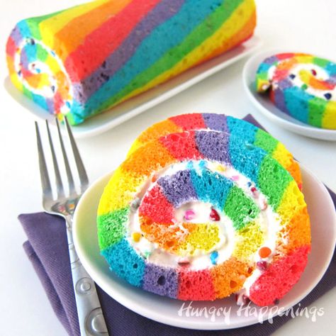 Rainbow Cake Roll by Hungry Happenings! My Cake School's Roundup of Rainbow Cake Tutorials! Rainbow Cake Roll, Rainbow Cake Roll Recipe, Pride Desserts, Rainbow Chip Frosting, Rainbow Recipes, Rainbow Sweets, Rainbow Desserts, Food Deserts, Faraway Tree