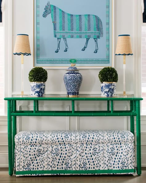 Ashley Harding on Instagram: “It’s finally the weekend - time for a little horsing around! 💚💙 We helped give this space a fun, fresh feel by lacquering the console table…” Chicago Interiors, Chicago Interior Design, Lacquer Furniture, Bamboo Furniture, Room Redo, Furniture Upholstery, Custom Furniture, Furniture Makeover, Chinoiserie