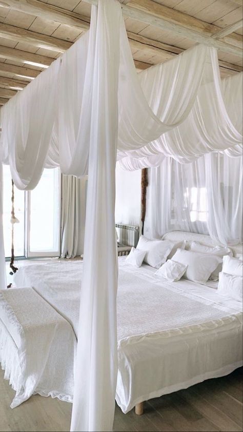 Elegant Bed Canopy, Hanging Bed Curtains, Cycladic Interior Design, Mirror In Front Of Bed, Curtains Above Bed, Heavenly Bedroom, Bed Canopy Curtains, Bed Drapes, Canopy Bedroom