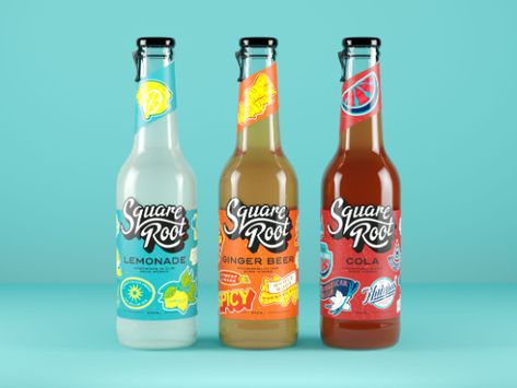 Square Root Soda rebrand Bottle Lables, Soda Labels, Beer Packaging Design, Creative Typography Design, Drinks Packaging Design, Bottle Design Packaging, Bottle Label Design, Consumer Packaging, Square Roots