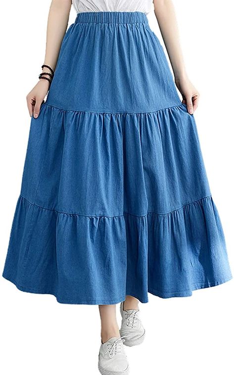 Elastic Waist Denim Tiered Skirt Long Prairie Modest Skirt Long Denim Skirt Outfit, Prairie Skirt, Long Denim Skirt, Tiered Skirts, Modest Skirts, Jeans Skirt, Denim Skirt Women, Long Skirts, Skirt Long