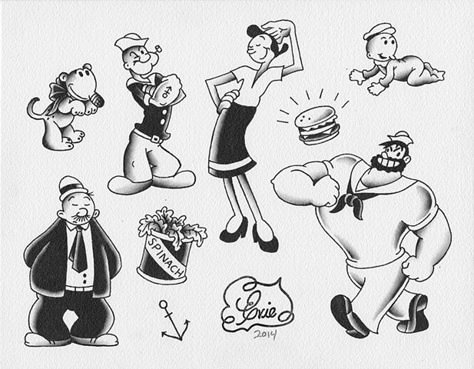 Popeye Traditional Tattoo, Popeyes The Sailor Man Tattoo, Popeye Tattoo Design, Old School Disney Tattoo, Popeye Tattoo Old School, Popeye The Sailor Man Tattoo, Popeyes Tattoo, Vintage Cartoon Black And White, Vintage Cartoon Tattoo