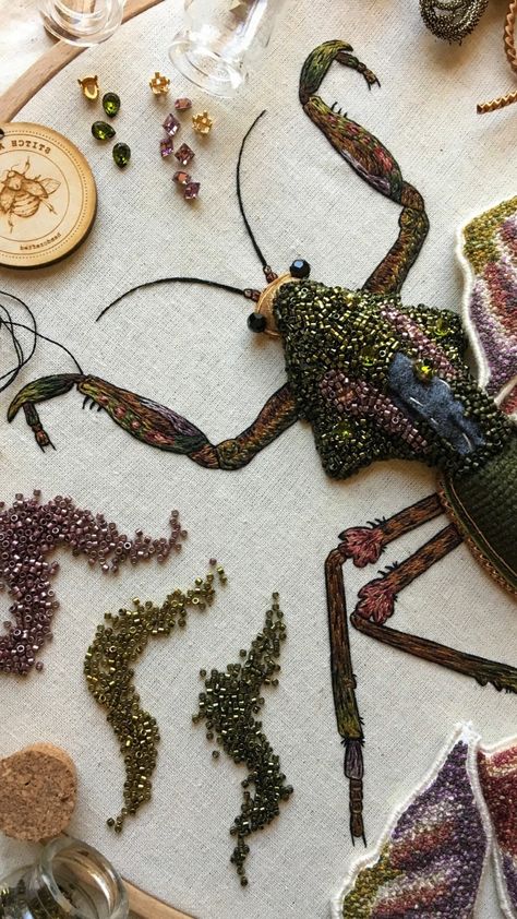 Michele Carragher: Stitching History and Fantasy | SofST Michele Carragher Embroidery, Michelle Carragher Embroidery, 3 Dimensional Embroidery, Embroidery Bugs Insect, Beetle Embroidery, Paint And Embroidery, Michele Carragher, Felt Artists, Bead Bugs