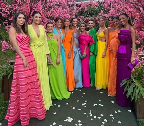 Vivid Bridesmaid Dresses, Vibrant Formal Dress, Crazy Bridesmaid Dresses, Bright Different Color Bridesmaid Dresses, Vibrant Wedding Dress, Bold And Chic Wedding Dress Code, Wedding Guest Dress Colorful, Bright Wedding Guest Outfit, Colorful Formal Wedding