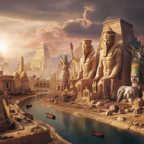 Ancient Egypt City, Fantasy Egypt, Ancient Egyptian City, Backgrounds Reference, Egypt Temple, Egyptian City, Ancient Egyptian Cities, Ancient Egyptian Architecture, Bible Timeline