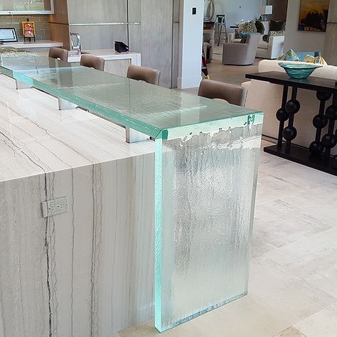 Beautiful! Glass | Table | Countertop | Counter | Kitchen | Cast Glass Images Glass Front Kitchen Island, Glass Bar Counter Design, Bar Tops Ideas, Glass Countertops Kitchen, Glass Kitchen Countertops, Glass Kitchen Island, Glass Bar Table, Turquoise Kitchen Decor, Glass Counter