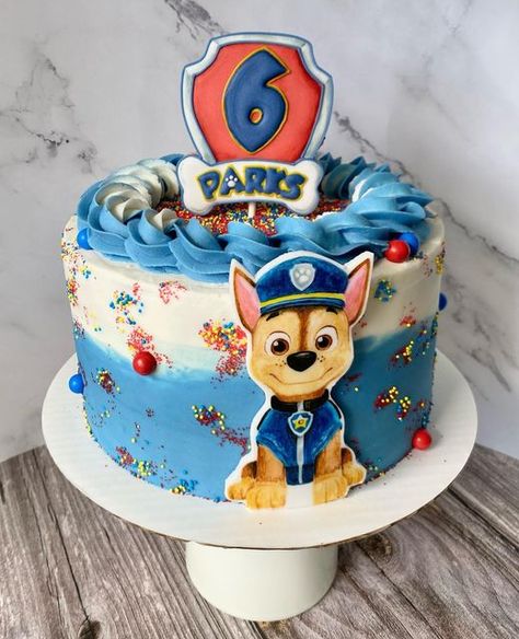 Chocolate Paw Patrol Cake, Chase Cake Paw Patrol, Chase Birthday Cake, Paw Patrol Buttercream Cake, Chase Paw Patrol Cake, Paw Patrol Chase Cake, Birthday Cake For Brother, Paw Cake, Chocolate Cake With Peanut Butter