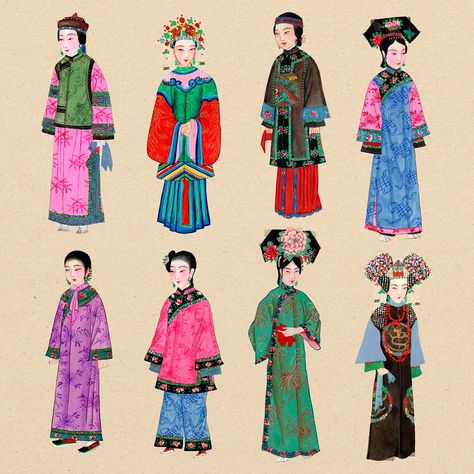 Qing Dynasty Clothing Woman, Historical Chinese Clothing, Chinese Vector, Illustration Person, Qing Dynasty Fashion, Women Vector, Qing Dynasty Clothing, Chinese Dynasties, Qing Dynasty Art