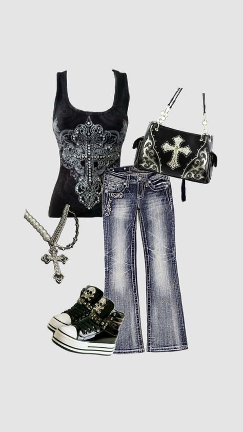 #emo #y2k #outfitinspo Mcbling Fashion, Trashy Outfits, Emo Y2k, Downtown Outfits, Neue Outfits, 2000s Fashion Outfits, Emo Outfits, Swaggy Outfits, Really Cute Outfits