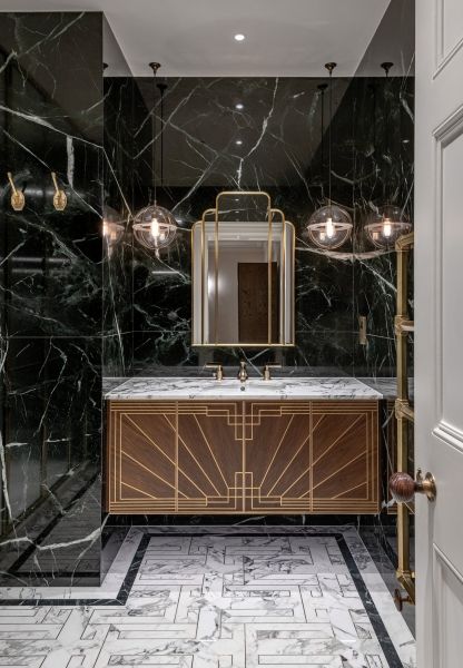 Art Deco Vanities, Spanish Art Deco Interior, Art Deco Ensuite, Gatsby Bathroom Decor, Great Gatsby Bathroom Ideas, Dark Art Deco Bathroom, Great Gatsby Bathroom, Art Deco Bathroom Cabinet, Modern Art Deco Interior Bathroom