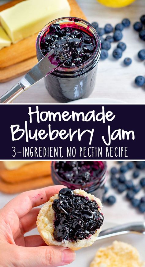 Delicious no-pectin Blueberry Jam Recipe, made with 3 ingredients! It's perfect for slathering on bread, English muffins, scones, and so much more! Easy Blueberry Jam For Canning, Blueberry Jam In Bread Machine, Recipe For Blueberries, 3 Ingredient Jam, How To Make Jams And Jellies, Recipe For Blueberry Jam, Small Batch Preserves, Fresh Jam Recipes, Blueberry Jelly Recipe Homemade Jams