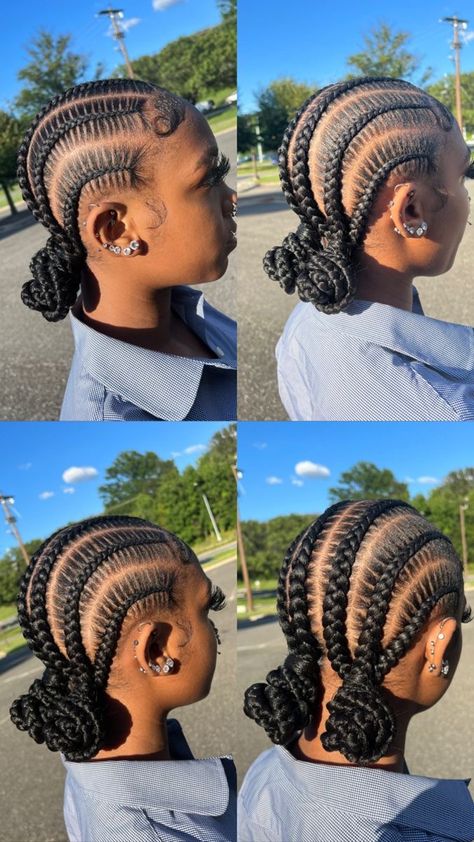 Feed Ins Hairstyles For Black Women, Feed Ins With Two Buns, Braided 2 Buns For Black Hair, Quick And Easy Braid Hairstyles For Black Women, Cute Feed In Braids Styles With Bun, Six Feedin Braids With Bun, 4 Braids Cornrows Black Women, Feed Ins Bun, Feed Ins Two Buns