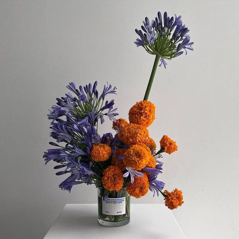 Eccentric Flower Arrangements, Weird Flower Arrangements, Purple Vases Decor, Iranian Flowers, Marigold Arrangements, Minimalist Flower Bouquet, Orange Marigolds, Orange And Purple Flowers, Corporate Flowers