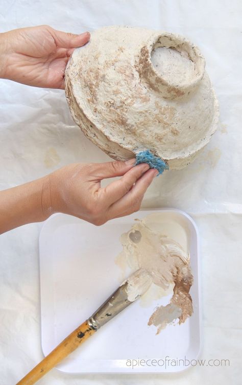 Make vintage paper mache bowls from easy DIY paper clay! Beautiful handmade crafts, great for primitive, boho, farmhouse & modern home decor! – A Piece of Rainbow, papier mâché, table decorations, living room, French country, designer knockoff, Anthropologie, aged, weathered paint finish, distressed, painting Paper Clay Projects, Diy Vintage Paper, Diy Paper Clay, Paper Mache Vase, Makey Makey, Vintage Paper Mache, Hanging Craft Ideas, Making Paper Mache, Paper Mache Bowls