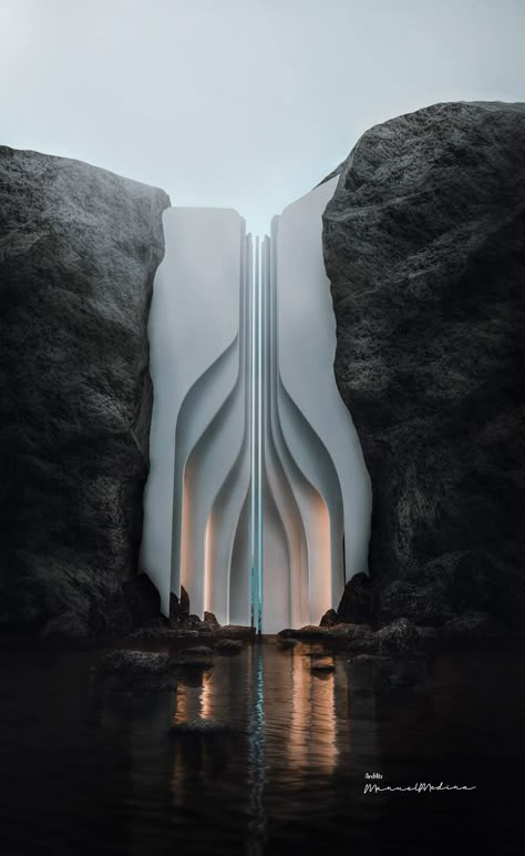 Futuristic Building Concept Art, Shapes In Architecture, Architecture Contrast, Futuristic Nature, Solarpunk Aesthetic, Weird Architecture, Mountain Building, Modern Muse, Level Design