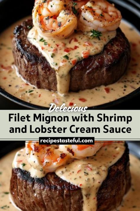 A luxurious dish featuring tender filet mignon topped with a rich shrimp and lobster cream sauce, perfect for special occasions or an elegant dinner at home. Sauce For Filet Mignon, Lobster Cream Sauce Recipe, Lobster Cream Sauce For Steak, Filet Mignon With Shrimp Recipes, Steak And Lobster Dinner Recipe, Filet Mignon With Shrimp And Lobster Cream Sauce, Filet Mignon With Crab Meat, Steak And Lobster Dinner, Bernaise Sauce