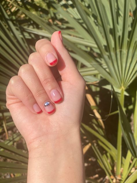 Nails art, evil eye, french tips Sun Nails, Nail Decals Diy, Evil Eye Nails, French Manicure Designs, Moon Nails, Fall Gel Nails, Nail Logo, Subtle Nails, French Nail Designs