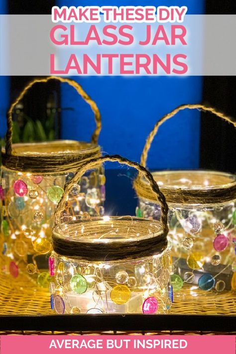 Make these colorful glass jar lanterns and light up your outdoor space this summer! These DIY lanterns look great during the day because of their colorful accents, and look even better at night as the light dances through the colored gems. Find the full instructions in this post. #diylantern #glassgemlantern #glassgemcrafts Glass Jar Gift Ideas, Homemade Lanterns, Rustic Gardening, Lantern Crafts, Gardener Aesthetic, Homemade Garden, Mason Jar Luminaries, Crafts With Glass Jars, Gardening Aesthetic