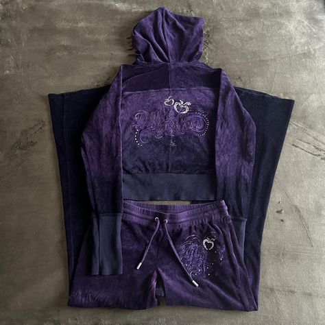 Apple Bottoms velour tracksuit set. Purple gradient... - Depop Purple 2000s Aesthetic, Purple Clothing Aesthetic, Purple Clothes Aesthetic, Trashy Grunge, Purple Tracksuit, Bedazzled Y2k, 2000s Trashy, Purple Joggers, Purple Y2k