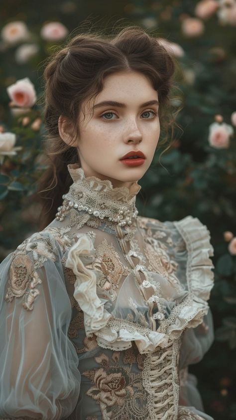 European Dress Style, Rose Garden Portraits, Victorian Portrait Photography, Victorian Editorial, 19th Century Makeup, Long Hair Styles Prom, Ruffles Aesthetic, Victorian Photoshoot, Pastels Portrait