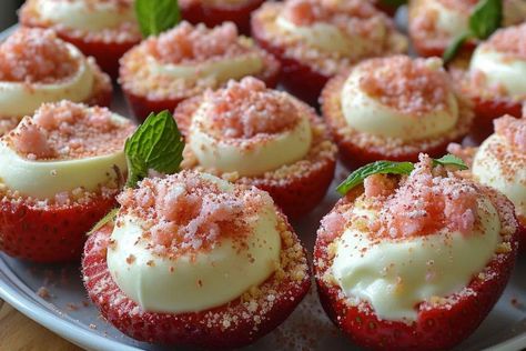 Cheesecake deviled strawberries - recipestasteful Strawberry Cheesecake Deviled Eggs, Strawberry Cheese Cake Bites, Finger Food Desserts Bite Size, Unique Cheesecake Recipes, Friendsgiving Dessert, Deviled Strawberries, Cheesecake Filled Strawberries, Strawberry Cheesecake Bites, Thanksgiving Potluck