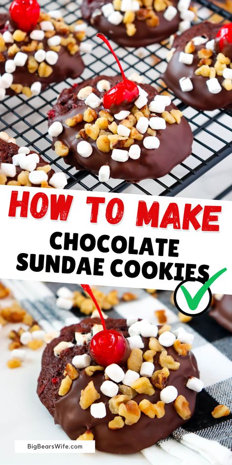 Bring the ice cream parlor home with these fun Chocolate Sundae Cookies! Homemade Chocolate cookies with cherries are topped with melted chocolate, marshmallows, walnuts and a cherry!  via @bigbearswife Sundae Cookies, Cookies With Cherries, Homemade Chocolate Cookies, Ice Cream Sundaes Toppings, Yummy Bars, Sundae Toppings, Southern Recipes Desserts, Chocolate Sundae, Cookies Homemade