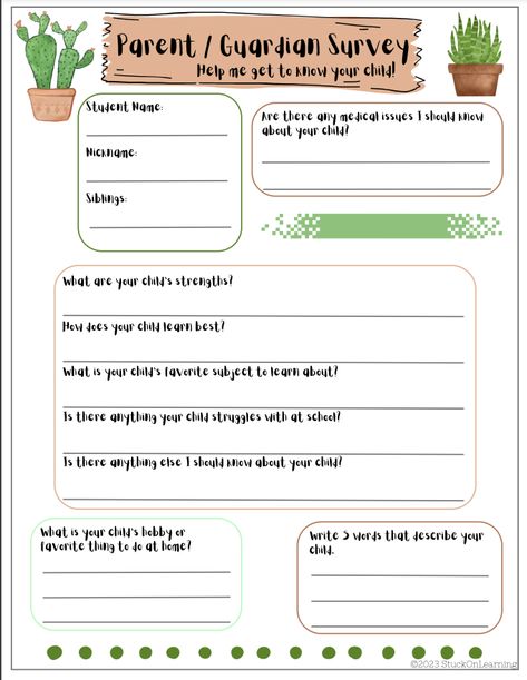 Parent Survey For Teachers, Parent Survey Beginning Of The Year, Learning Styles Survey, Parent Quiz, Parent Teacher Interviews, Classroom 2023, Parent Survey, Kindergarten Parent, Succulent Theme