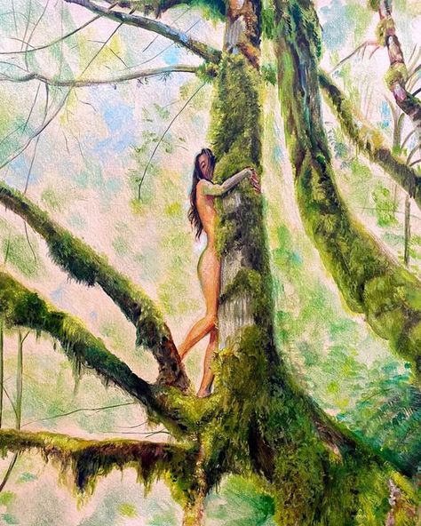 Charmaine Olivia 🎨 on Instagram: "Tree hugs" Nature Women Art, Spiritual Art Nature, Spiritual Hugs Aesthetic, Humans And Nature Art, 2 Paintings That Go Together, Nature Woman Art, Little Things Aesthetic, Mother Nature Painting, Cool Art Paintings