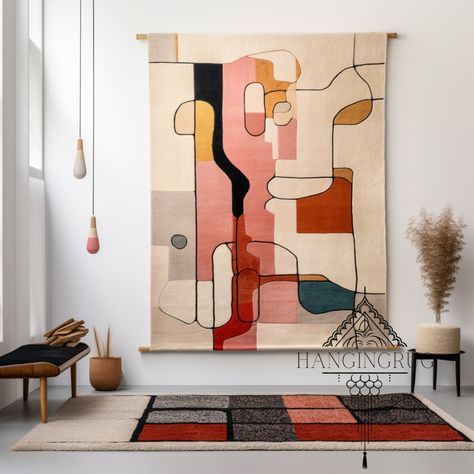 Modern Unique Wall Hangings Hanging Rug Wall Tapestry Authentic Ethnic Decor for Home Interiors ,bohemian Charm Handwoven Moroccan Rug - Etsy Wall Hanging Textile, Tapestry Rug Living Room, Fabric Tapestry Wall Hangings, Abstract Wall Hanging, Tapestry Modern, Rugs On The Wall, Wall Rugs Hanging Living Rooms, Textile Home Decor, Rug On The Wall