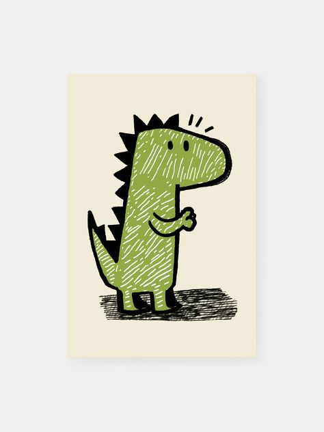 Green Dinosaur Poster Easy Dinosaur Drawing, Yellow And Dark Green, Dinosaur Poster, Sketch Poster, Mid Century Painting, Dinosaur Sketch, Dinosaur Posters, Blue Drawings, Green Characters