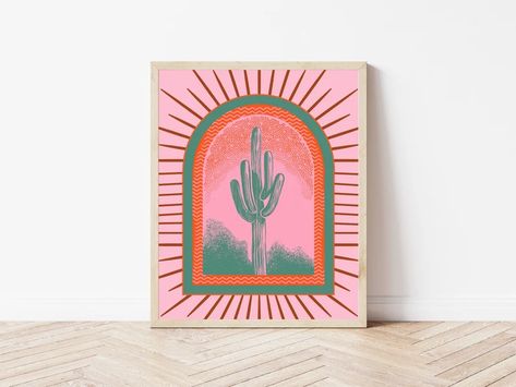 Colorful Southwestern Decor, Colorful Western Decor, Desert Aesthetic Bedroom, Southwestern Boho Decor, Desert Bedroom, Cactus Flower Painting, Cactus Artwork, Desert Home Decor, Painting Cactus