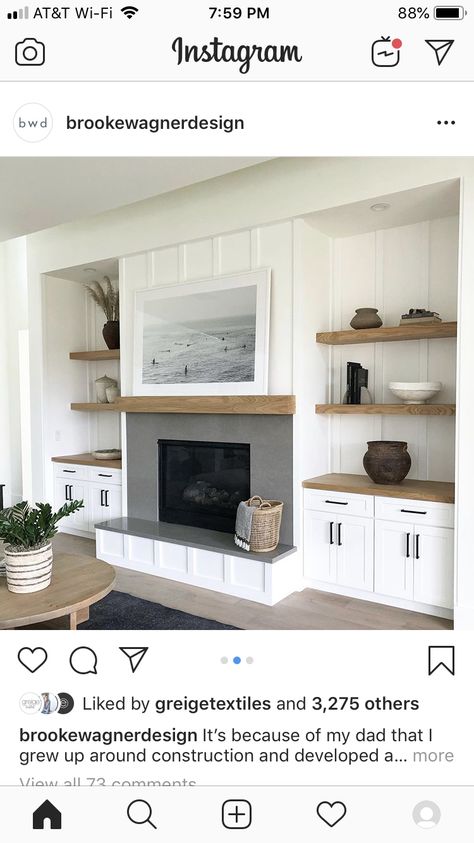 Shiplap Bump Out Wall, Fireplace Hearth Built Ins, Two Story Built Ins, Open Concept Feature Wall, Tall Fireplace Wall High Ceilings Built Ins, Living Room Fireplace Modern, Fireplace With Cabinets On Each Side, Marble Fireplace Ideas, Coastal Fireplace Ideas