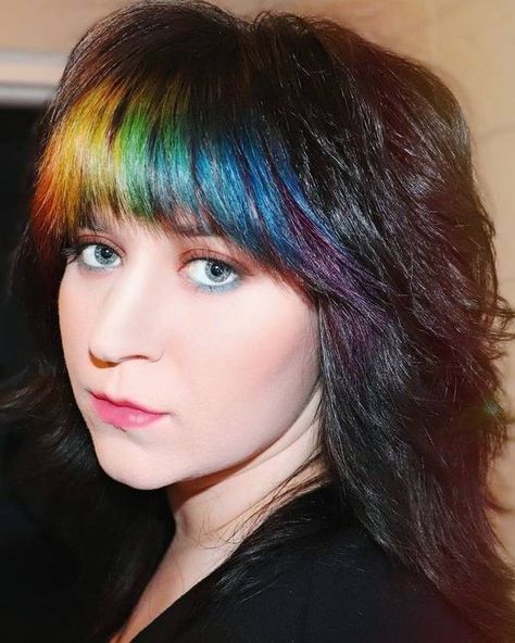 Black Hair Rainbow Bangs, Rainbow Bangs Hairstyles, Purple Bangs Hair, Queer Mullet, Rainbow Bangs, Rainbow Hairstyles, Pride Hair, Hidden Rainbow Hair, Hair Color At Home