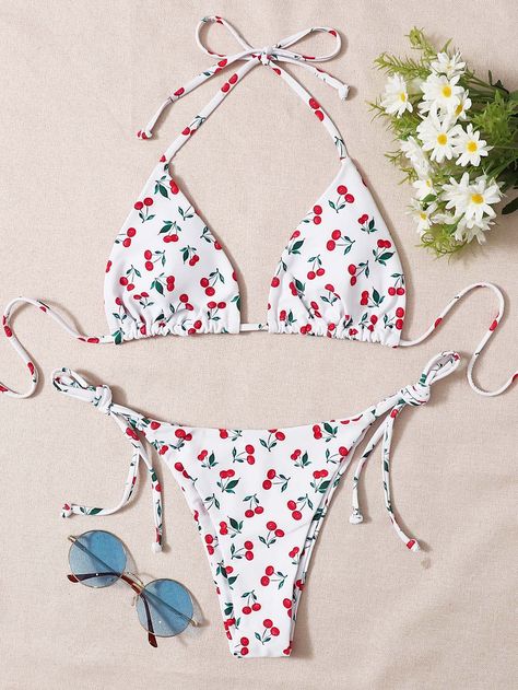 Cherry Bathing Suit, Pretty Bikinis, Swimsuit Shein, Zaful Bikinis, Cute Swimsuits, Summer Swim Suits, Cherry Print, Triangle Bra, Swimwear Outfit