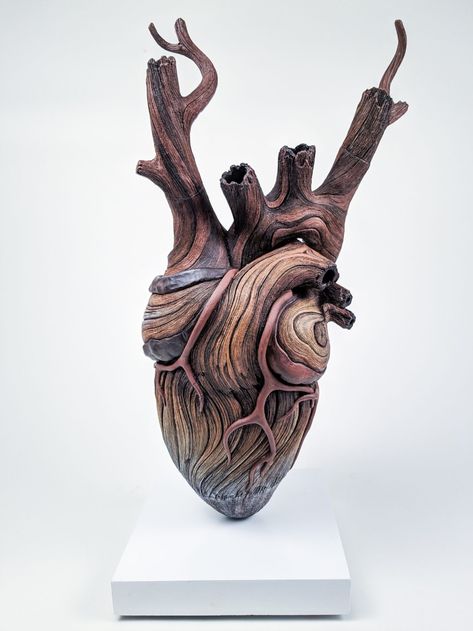 Hyperrealistic Ceramic Sculptures by Christopher David White Mimic the Splintered Texture of Decaying Wood | Colossal Christopher David White, Warforged Druid, Textured Sculpture, Flatware Crafts, Anatomical Heart Art, Ceramic Hearts, Heart Sculpture, Break Wall, Tree Textures