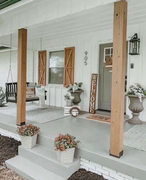 White House Silver Metal Roof, White And Green House, Houses With Green Roofs, White Ranch House Exterior, White Ranch House, Natural Wood Trim, Green Roof House, Country Cottage Living, Ranch House Exterior