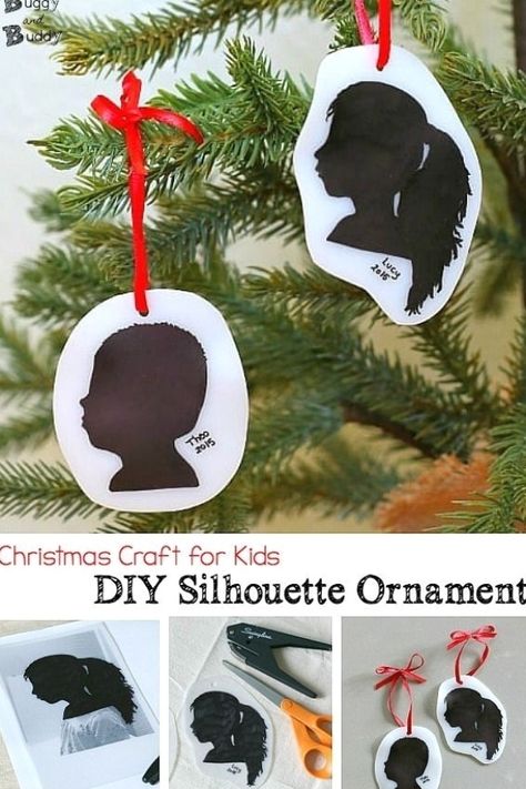 DIY Silhouette Christmas Tree Ornament Craft for Kids Using Shrink Film: Here's an easy way to make a special, homemade keepsake ornament for your home or to give as parent or grandparent gifts for the holidays. #buggyandbuddy #diyornament #christmasornament #christmascraft #christmastreeornament #christmascraftsforkids #kidscrafts #craftsforkids #homemadegifts #homemadeornaments #keepsakecraft #xmas #christmastree #christmas Silhouette Christmas Tree, Silhouette Christmas Ornaments, Christmas Tree Ornament Crafts, Diy Silhouette, Silhouette Ornaments, Keepsake Crafts, Christmas Gifts To Make, Ornament Craft, Shrink Film