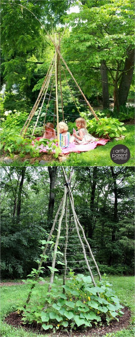 Create enchanting garden spaces with 21 beautiful and DIY friendly trellis and garden structures, such as tunnels, teepees, pergolas, screens and more! - A Piece Of Rainbow Stick Teepee Diy, Tee Pee Trellis, Teepee Trellis Diy, Diy Plant Trellis, Stick Trellis, Easy Diy Garden Ideas, Diy Garden Trellis Ideas, Vertical Growing, Teepee Trellis