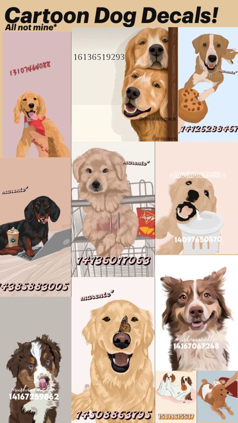 A fun and easy way to spice up a dog-loving household! Pic Code, House Decals, Bloxburg Decals, Dog Decals, Cartoon Style, Paw Patrol, Dog Pictures, Spice Up, Cartoon Styles