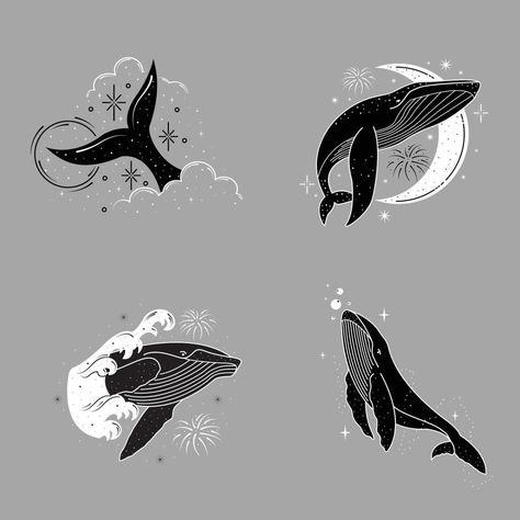 Minimalist Tattoo Whale Black and White Sticker Set Tattoo Celestial, Whale Black And White, Tattoo Whale, Whale Tattoo, Tattoo Minimal, Whale Tattoos, Planet Tattoos, Black And White Stickers, Space Tattoo