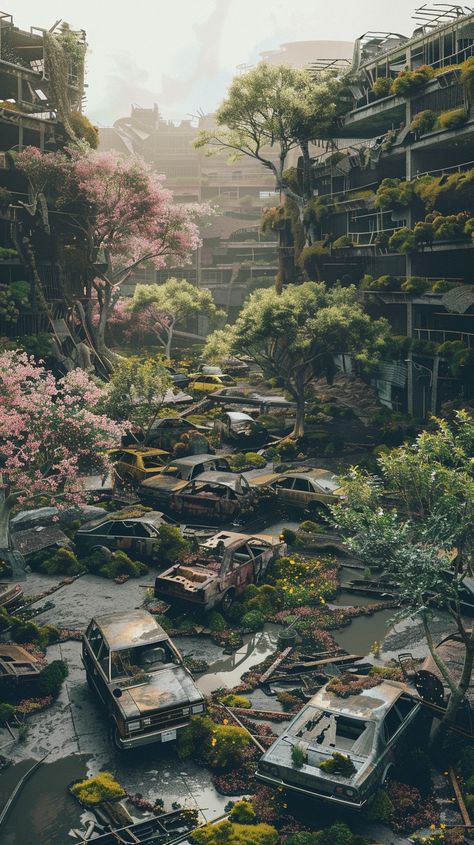 Abandoned Cities Art, Overgrown Cities Aesthetic, Abandoned Cities Aesthetic, Nature Taking Over City, City Taken Over By Nature, Abandoned Overgrown City, Eco Dystopia, City Overtaken By Nature, City Covered In Plants