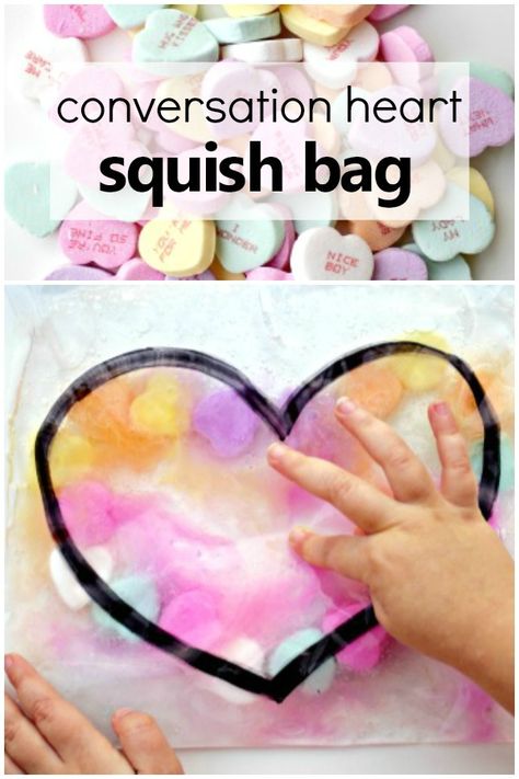 Conversation Heart Sensory Squish Bag for Toddlers and Preschoolers-with a fun science twist! #valentinesday #preschool #kidsactivities February Lesson Plan, Valentine Preschool, Valentine Sensory, February Lessons, Science Valentines, February Activity, February Crafts, Preschool Centers, Valentine's Day Crafts For Kids