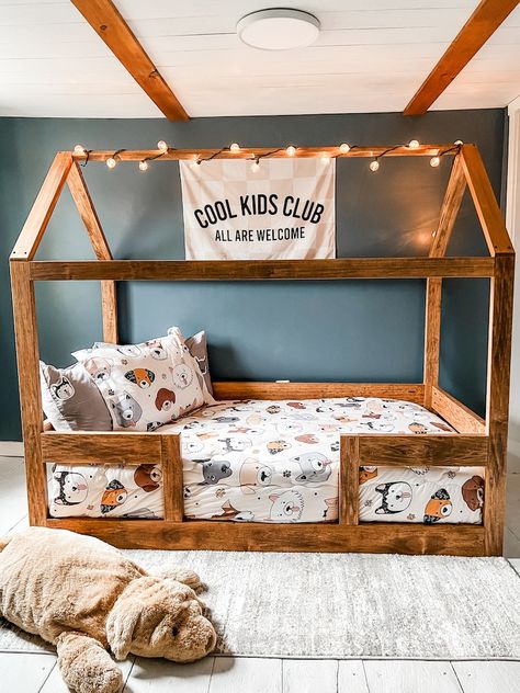 Montessori House Bed Twin Full or Queen House Bed Frame Railings Mattress Slats Made in US - Etsy Floor Bed Bed Frame, Toddler Barn Bed, Making A Toddler Bed, Boys Teepee Bed, Crib Mattress Bed Frame Diy, Safe Toddler Bed, Kid Floor Bed Ideas, House Bed Kid, Twin Size Floor Bed Plans