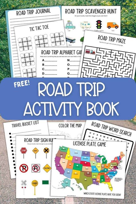 Road Trip Printable Games Free Packet Car Trip Printables Free, Kindergarten Road Trip Activities, Road Trip For Kids Activities, Screen Free Road Trip, Road Trip Map For Kids, Free Printable Travel Games, Road Trip Binder For Kids, Kid Travel Activities, Roadtrip Printables For Kids