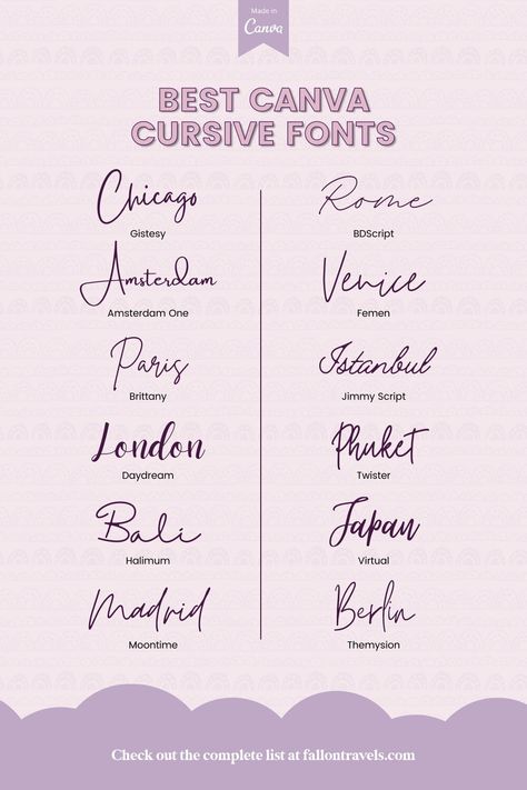 19 Best Canva Cursive Fonts for Scroll-stopping Designs — Fallon Travels Best Cursive Fonts In Canva, Canva Signature Font, Formal Canva Fonts, Canva Travel Elements, Canva Notes Ideas, Canva Keywords Font, Cursive Canva Fonts, Cute Canva Fonts, Canva Cursive Fonts