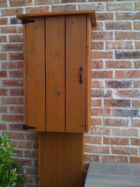 Cedar Electric Meter Cover, Rustic Oak  RIF | fence stain & restoration  RIFStain.com Outdoor Electrical Box Cover, Hide Electrical Panel, Breaker Box Cover, Utility Covers, Hiding Ugly, Fence Stain, Electrical Box Cover, Breaker Box, Electric Box