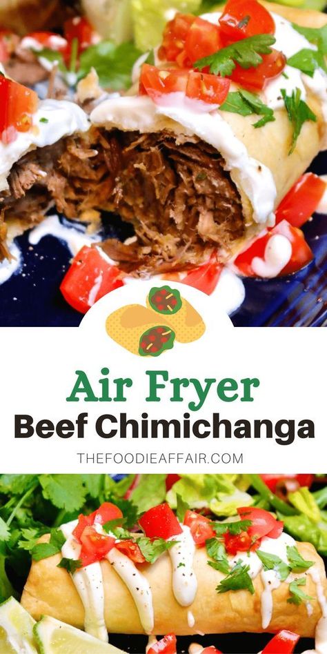 Air Fryer Shredded Beef Chimichanga Recipe Air Fryer Chimichanga Recipe, Shredded Beef Chimichanga Recipe, Beef Chimichanga Recipe, Beef Air Fryer, Air Fryer Chimichangas, Beef Chimichanga, Airfryer Meals, Air Fryer Beef, Airfryer Chicken