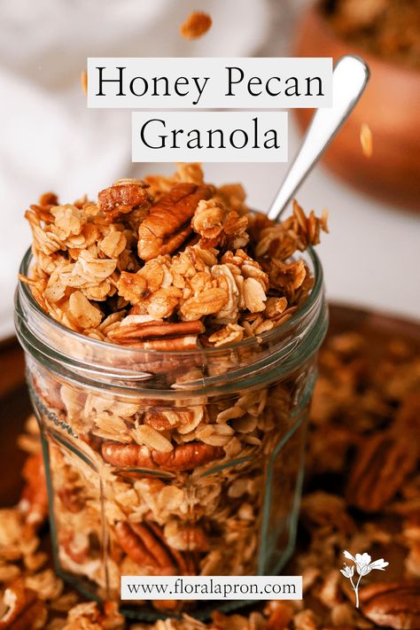 Honey Pecan Granola - The Floral Apron Healthyish Snacks, Honey Granola Recipe, Honey Pecans, Seeded Crackers, Almond Granola Recipe, Honey Substitute, Soft Granola, Healthy Homemade Granola Recipe, Vanilla Almond Granola