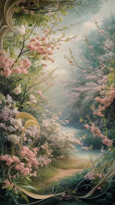 Immerse yourself in a vibrant spring landscape with delicate petals dancing in the breeze. This artwork features soft pinks, vivid whites, and deep purples intertwined with lush greenery, creating a dreamy Impressionist atmosphere. Influenced by Art Nouveau and Japanese ukiyo-e, it captures nature's transient beauty, evoking peace and renewal. Perfect for spring decor and nature lovers! #SpringBlossom #Wallpaper #Impressionism #ArtNouveau #HomeDecor Soft Dreamy Aesthetic Wallpaper, Soft Dreamy Aesthetic, Serenity Wallpaper, Wedding Photo Background, Dreamy Artwork, Serene Landscape, Dreamy Landscapes, Pastel Colour Palette, Spring Landscape